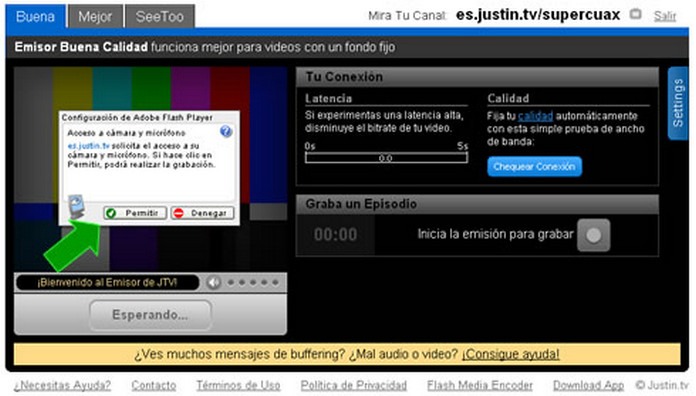 Ventana para emitir en el canal de Justin.TV