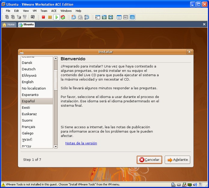 Instalando Ubuntu en VMware, Paso 1: selección del idioma