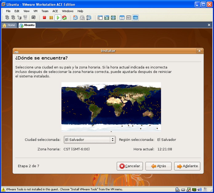 Instalando Ubuntu en VMware, Paso 2: región geográfica