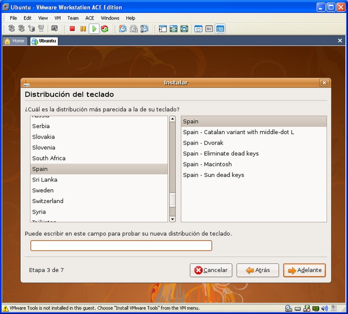 Instalando Ubuntu en VMware, Paso 3: distribución del teclado
