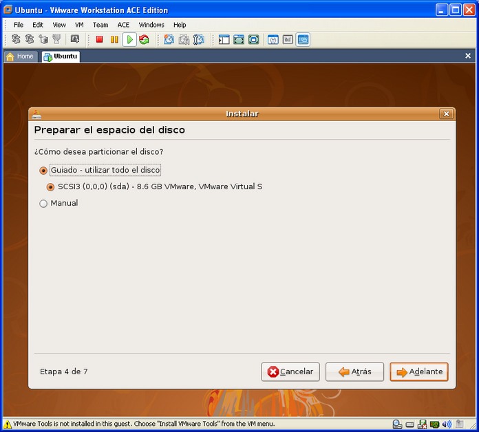 Instalando Ubuntu en VMware, Paso 4: espacio en disco