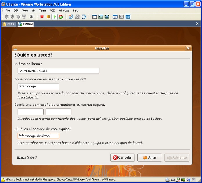 Instalando Ubuntu en VMware, Paso 5: cuenta de usuario