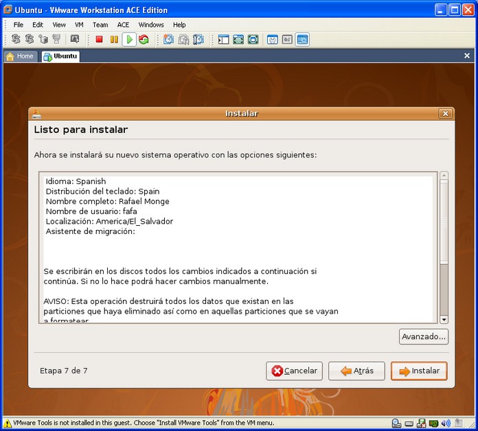 Instalando Ubuntu en VMware, Paso 7: confirmación