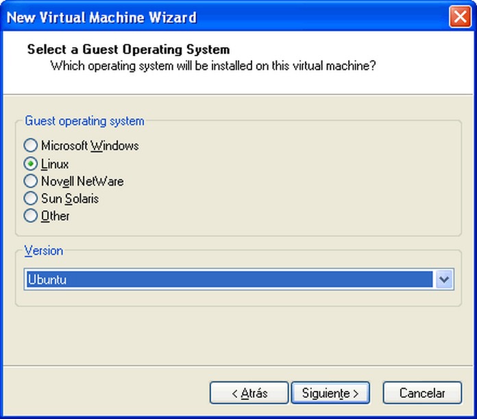 Wizard de VMware, tipo de sistema operativo