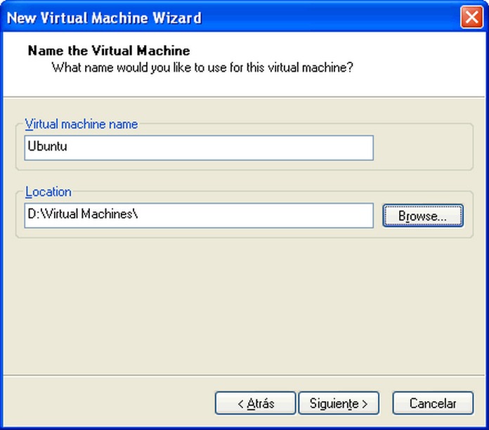Wizard de VMware, ubicación del directorio