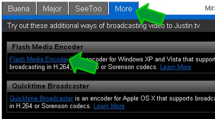 Opción MORE en el emisor web de Justin.tv